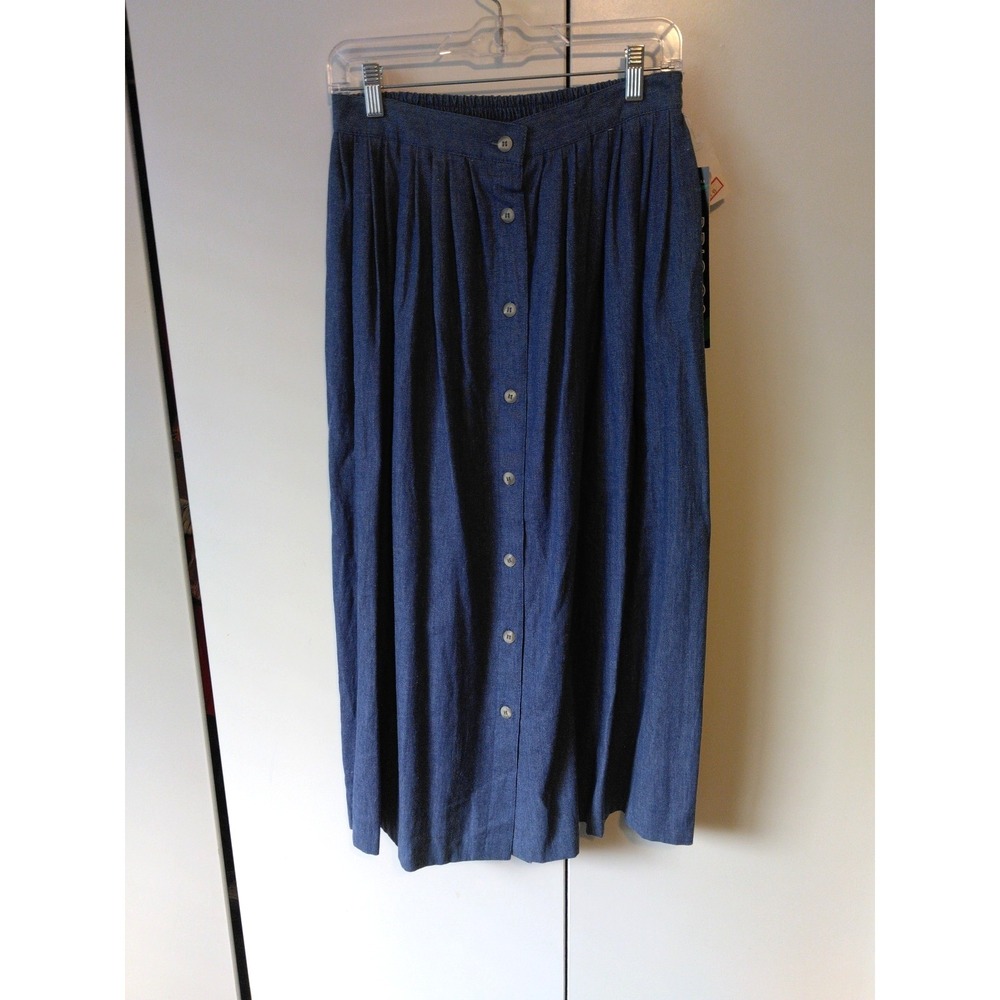 Vintage Womens Button Front Denim Midi Skirt Size 12 Elastic Waist Boho Cottage